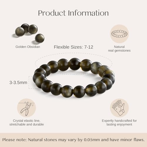 NLIEO Natural Gemstone Stretch Beaded Rings for Women Stackable Dainty Elastic Crystal Rings Jewelry - style: Golden Obsidian