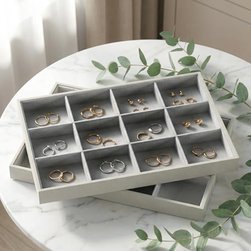2-Piece Gray leather Stackable Jewelry Organizer Tray Set, Bracelet Ring Earring Holder Box, Necklace Display Stand for Storage and Retail Display (12 Grids) - style: 12 Grids