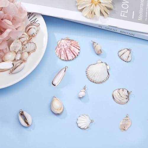 SUNNYCLUE 1 Box 20pcs 10 Styles Natural White Cowrie Seashells Charm Conch Shells Plated Charms Summer Ocean Sea Charm for Jewelry Making Charm Necklace Bracelet Earring Making - color: 1 Box 20pcs Seashell Charms