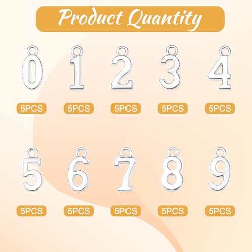 KALIONE 50Pcs Metal 0-9 Number Charm Pendants 0-9 Charms for DIY Craft Keychains DIY Jewelry Making Accessories - color: Silver