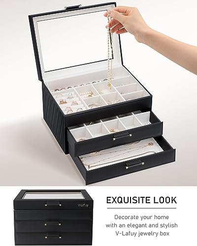Jewelry Boxes with Glass Lid, Jewelry Boxes for Women 3-Tier Jewelry Organizer with 2 Drawers, Jewelry Display Case Gift for Women Girls Men - Black - color: Black 3-Layer