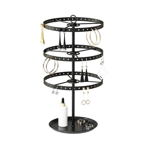 3 Tiers Metal Rotating Earring Holder Organizer Stand Adjustable Display Tree, 126 Holes Large Carousel Rack for Stud Hoop Pierced Dangling Women Girls, Perfect View for All Earrings (Black) - color: Black