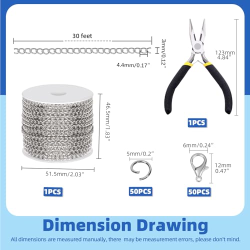 Glarks 102Pcs 30 Feet Jewelry Chains Set White Cable Link Chains Link Rolls Bulk Twisted Links Chain Necklace Jewelry Making Chains with Lobster Clasps and Jump Rings for Necklace Jewelry Making - color: White