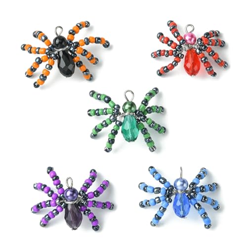 Ipotkitt 10 Pcs 5 Colors Halloween Glass Seed Spider Gothic Insect Crystal Mini Spider Charms with Platinum Brass Loops for Jewelry Making - color: 10pcs-Glass Spider Charms