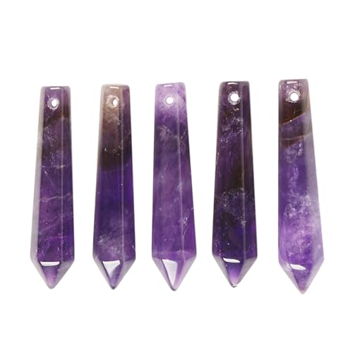 50mm Natural Amethyst Hexagonal Wand Jewelry Making Crystal Pointed Chakra Reiki Healing Beads 2mm Hole Drilled(Pack of 5) - color: Amethyst