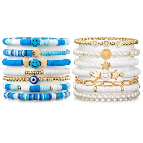 LieToi Preppy Heishi Bracelets Set Colorful White Gold Smile Heart Star Evil Eye Beaded Polymer Clay Pearl Stackable Charm Y2K Kidcore Summer Beach Bohemian Layering Bracelets Jewelry for Women Girls Teens - color: 14Pcs-Blue White