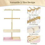 Tirzah 3-Tier Adjustable Gold Jewelry Holder Organizer Stand with 20 Necklace Hooks, 18 Earring Holes and Notches, Bracelet Holder, 6 Ring Rolls, Pink Tray for Girls, Women - color: Gold & Pink, for Necklace Earring Bracelet