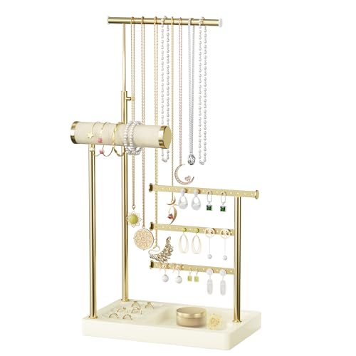 SZQINJI 5 Tier Jewelry Holder Organizer, Gold Jewelry Stand with Velvet Bracelet Holder, Adjustable Height Jewelry Display for Necklaces, Bracelets, Earrings, Rings, Gift Idea for Women, Beige - color: Beige