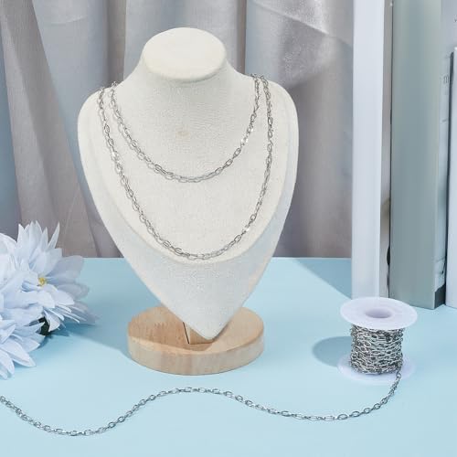 16.4 Feet/5M Stainless Steel Cable Chain Roll with Plastic Spool Silver Oval 7 x 4mm Textured Soldered Jewelry Link Chain Connectors for Jewelry Making Necklaces Bracelets DIY Crafts
