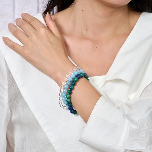 Bivei 3-Piece 4mm Beaded Bracelets for Women Handmade Natural Crystal Stretch Elastic Jewelry Yoga Meditation Protection Gifts - color: Chrysocolla + Clear Quartz + Aquamarine, size: 4mm