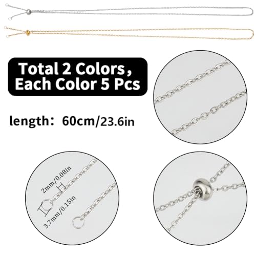 SUNNYCLUE 1 Box 10 Pack 24 Inch/0.6m 2mm Necklace Slider Chains Adjustable Necklace Chain Bulk Stainless Steel Slider Adjustable Ball Bead Findings for DIY Women Men Adults Jewelry Making Supplies