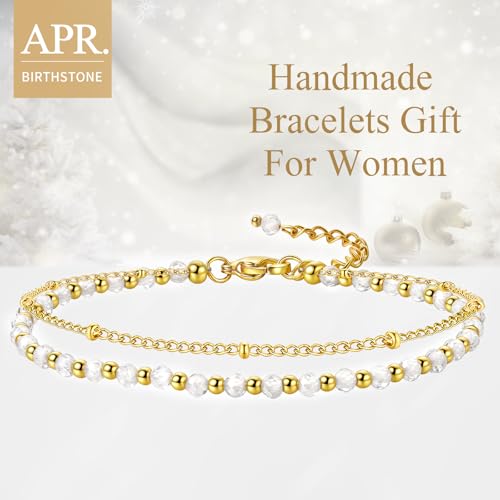 Peridot Stand Silver Gold Bracelets, Handmade Birthstone Stack Bracelet Crystal Gemstones Bead Chain Gift for Women, 8" - color: White Zircon