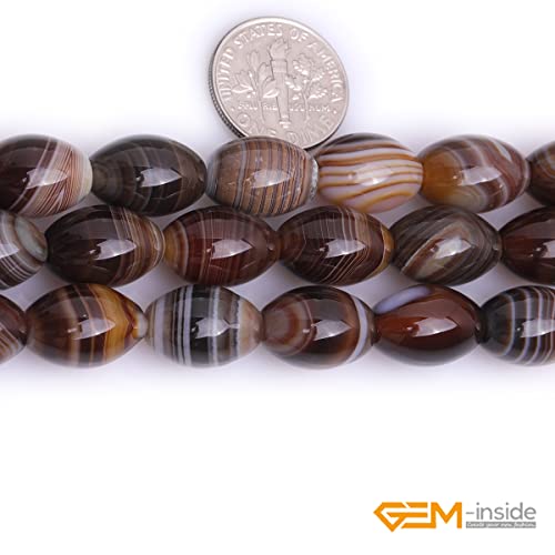 GEM-Inside Stripe Botswana Agate Gemstone Loose Beads Natural 10x14mm Bronw Olivary Crystal Energy Stone Power for Jewelry Making 15" - size: Brown-10X14mm