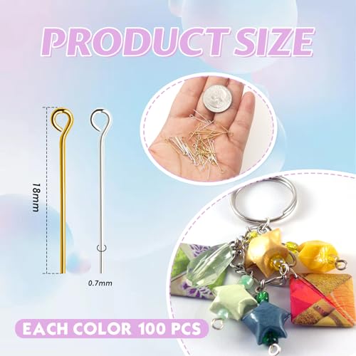 TOAOB 200pcs Eye Pins for Jewelry Making 18mm Gold Silver Brass Open Head Pins Findings for DIY Crafts Necklaces Bracelets Earrings - size: 18mm