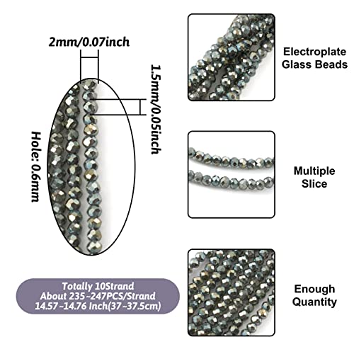 FASHEWELRY 10 Strands Briolette Crystal Glass Beads 2mm Rondelle Faceted Glass Spacer Beads Full Rainbow Plated for Necklace Bracelet Jewelry Making (Dark Slate Gray) - color: Dark Slate Gray, size: 2mm