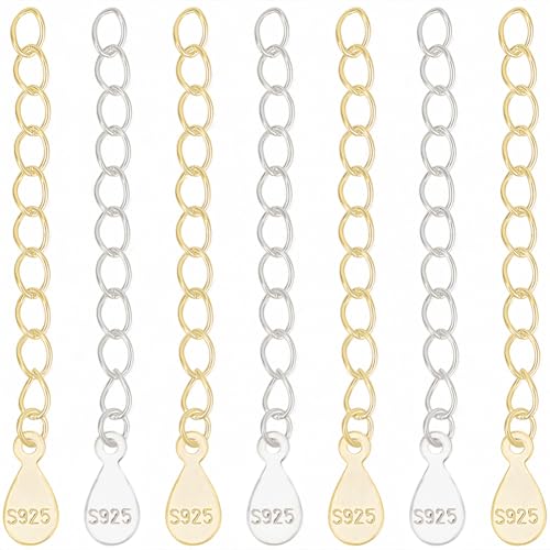 Beebeecraft 1 Box 10Pcs Tail Extender Chain Real 18K Gold Plated Sterling Silver Jewelry Chain Extender Curb Links Necklace Bracelet Extension with Teardrop Tabs S925 Stamp Charm for Jewelry Making - color: Gold, Silver