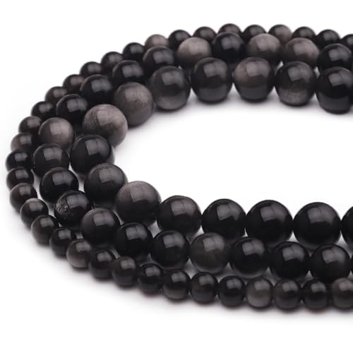 6mm Natural Stone Beads 65pcs Silver Obsidian Polished Round Smooth Crystal Loose Gemstone Beads for Jewelry Making DIY Bracelet Necklace Earring Crafts Supplies - color: Silver Obsidian 6mm-65pcs