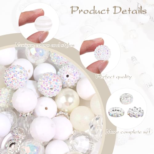 35 Pcs Chunky Bubblegum Beads 20mm Focal Pen Large Rhinestone Pearl Bead with Rhinestone Large Hole European Spacer Bead for DIY Beadable Pen Jewelry Making Keychain Craft Making(White) - color: White