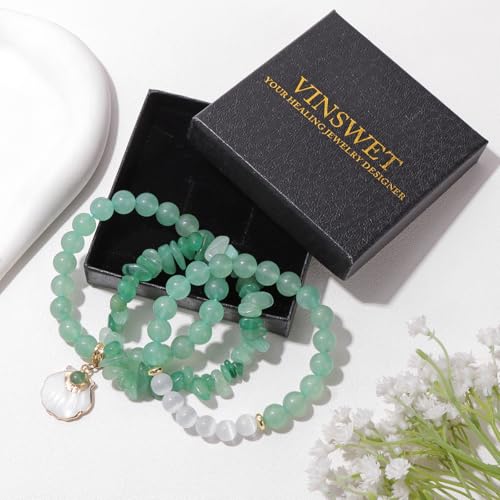Vinswet Healing Crystal Beaded Bracelets for Women,Natural Amethyst Gemstones Bracelet,Anxiety Stress Relief Heart Charm Bracelet Handmade purple Jewelry Gifts for Women - color: Green aventurine&Moonstone
