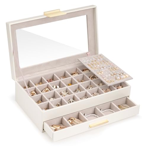 Lolalet Earring Storage Box Case with Glass Top, Large Earring Jewelry Holder Organizer Display with Drawer and Grid, Mothers Day Gifts -2 Tiers, Cloud White - color: Cloud White, size: 2-Tier