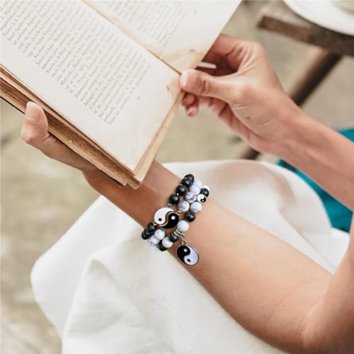 Vinswet Healing Crystal Beaded Bracelets for Women,Natural Amethyst Gemstones Bracelet,Anxiety Stress Relief Heart Charm Bracelet Handmade purple Jewelry Gifts for Women - color: white howlite&black agate
