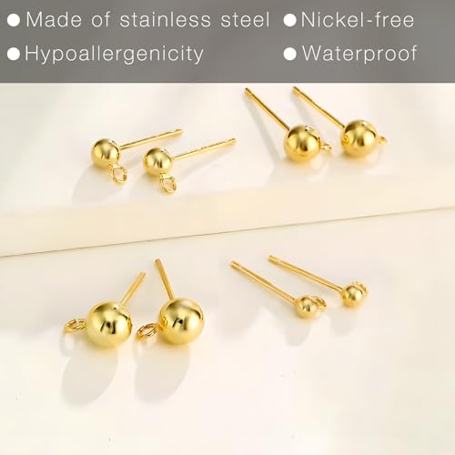 220Pcs No Tarnish Ball Stud for Earring Making, stino Hypoallergenic Stainless Steel Earring Posts, Jewelry Findings Supplies, Silver & Gold Plated (Gold Plated) - color: Gold
