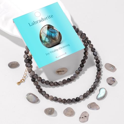 Crystal Choker Necklaces for Women,4mm Handmade Natural Stone Choker Beaded Necklace Healing Crystal Necklace Gemstone Bead Necklaces for Women - color: Larbradorite