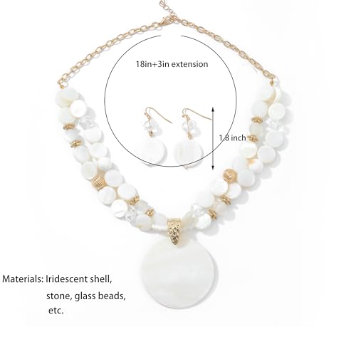 Layered Beads Statement Fashion Necklace Chunky Jewelry Set Big Colorful Glass Stone Circle Shell Pendant Choker Necklace and Earring Set for Women - color: white