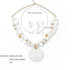 Layered Beads Statement Fashion Necklace Chunky Jewelry Set Big Colorful Glass Stone Circle Shell Pendant Choker Necklace and Earring Set for Women - color: white