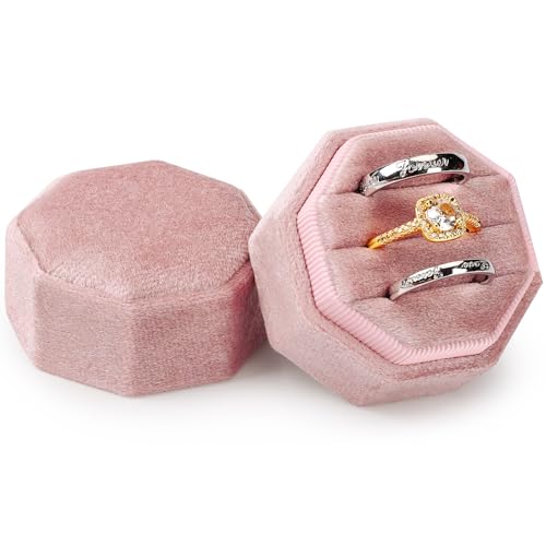 Velvet Ring Box 3 Slots, Premium Jewelry Ring Storage Gift Box Vintage Ring Display Holder Case for wedding ceremony Proposal Engagement (Blush Peach) - color: Blush Peach