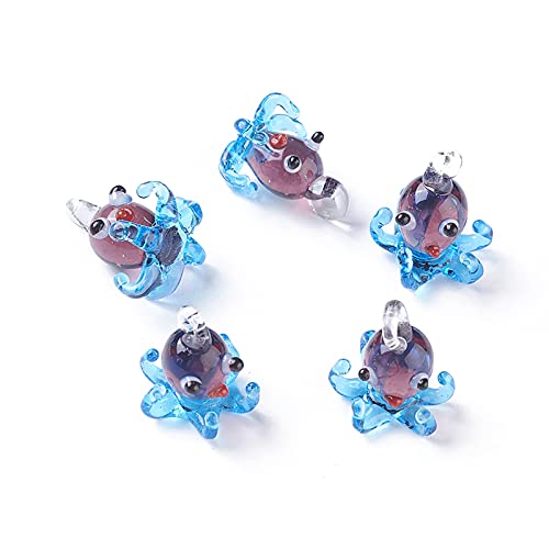 FASHEWELRY 5Pcs Handmade Ocean Octopus Lampwork Glass Pendants Deep Sky Blue Small Marine Life Loose Beads Charms for DIY Jewelry Making - color: Octopus-Deep Sky Blue