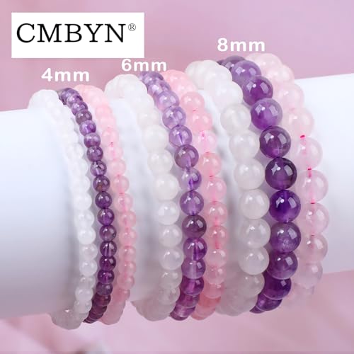 2/3-Pieces 4mm 6mm 8mm Natural Crystal Gemstone – Handmade Reiki Energy Healing Stretch Bracelets Jewelry for Yoga, Meditation, Unisex - color: 3 Pieces (Amethyst&PinkQuartz&WhiteJade), size: 4mm