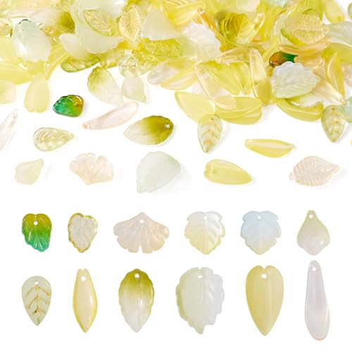 Beadthoven 136pcs Fall Leaf Beads Yellow Green Glass Crystal Small Tree Leaf Bead Charm Thanksgiving Day Transparent Fall Autumn Leaves Craft Spacers for DIY Jewelry Making Bracelet Hair Accessory - color: Yellow Green