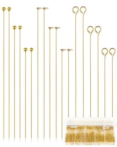 FIVEIZERO 900 PCS Eye Pins and Flat Head Pins for Jewelry Making, Metal Eyepins, Headpins & Ball Head Pins for DIY Earrings, Necklaces, Bracelets, Pendants, 1.2", 1.6", 2", Gold - color: Gold