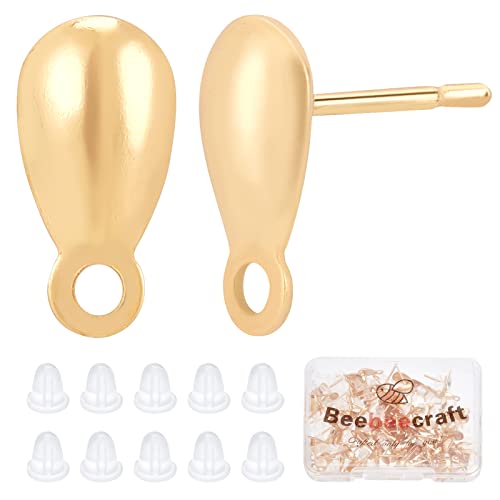 Beebeecraft 100Pcs/Box 18K Gold Plated Earring Findings Teardrop Posts Stud Earrings Components with Loop and 100Pcs Plastic Earring Backs for DIY Earring Jewelry Making - color: Gold