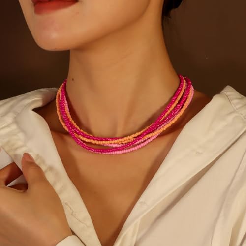 Multilayer Seed Beaded Necklaces for Women Bohemian Bead Choker Necklace Statement Layered Bead Necklaces Summer Jewelry Gift - color: Pink