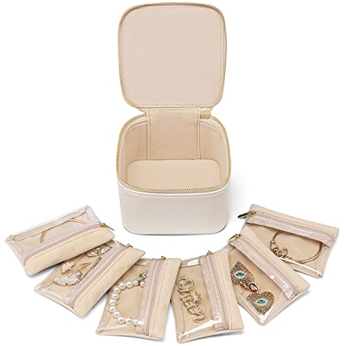 VLANDO Travel Jewelry Case,Valentines Gifts,Small Jewelry Box Organizer,Travel Jewelry Storage with 6 Velvet Jewelry Zipper Pockets, Birthday Gifts for Women Girls (White) - color: 6PCS-White