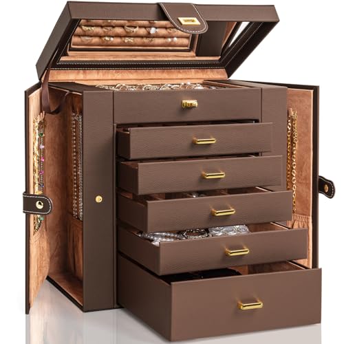 AKOZLIN Extra Large 6-Tier Jewelry Box Organizer with Mirror, 5 Drawers Leather Jewelry Storage Case for Women Girls Ring Necklace Earring Bracelet Brown - color: Brown, size: Extra Large