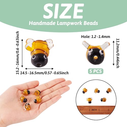 Pandahall 5Pcs Handmade 3D Bees Lampwork Glass Beads Insect Theme Yellow Honeybee Bumblebee Loose Spacer Beads for Summer Boho Hawaii DIY Jewelry Making, Hole: 1.2-1.4mm