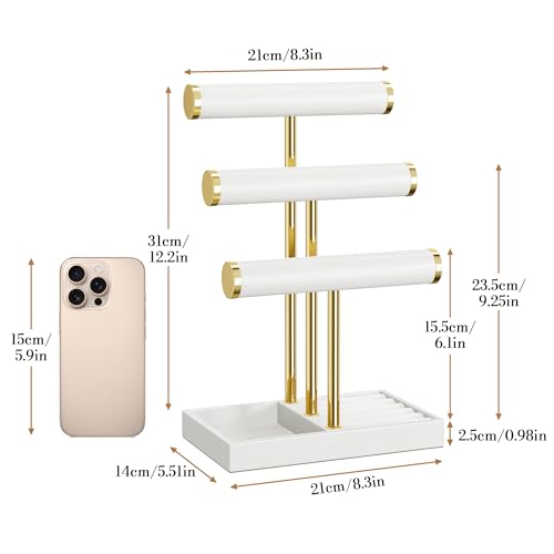 bussdis 3 Tier Bracelet Holder Display - White Leather Bracelet Holder, Detachable T Bar Jewelry Holder Organizer for Bracelet, Necklace, Earrings, Rings, Watches, Bangle - color: White