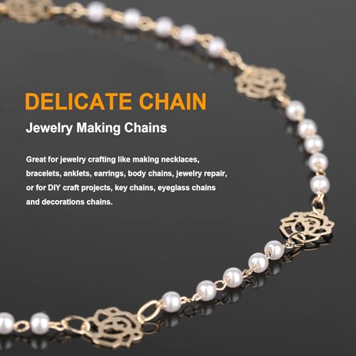 KYUNHOO 16.4 Feet 3MM Faux Pearl Bead Chain for Jewelry Making Rose Flower Link Brass Cable Chains Bulk with Clasps for Handcraft DIY Finding Supplies - color: Flower Pearl