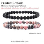 NCB 2.3-Piece 4mm Natural Crystal Gemstone Stretch Bracelets – Handmade Reiki Energy Healing Jewelry for Meditation,Yoga, Unisex - color: 2PCS ( Pink black Rhodonite+Matte Black Agate ), size: 6mm