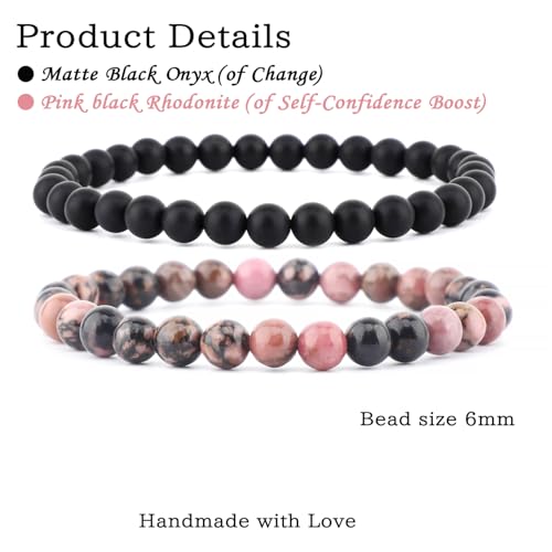 NCB 2.3-Piece 4mm Natural Crystal Gemstone Stretch Bracelets – Handmade Reiki Energy Healing Jewelry for Meditation,Yoga, Unisex - color: 2PCS ( Pink black Rhodonite+Matte Black Agate ), size: 6mm