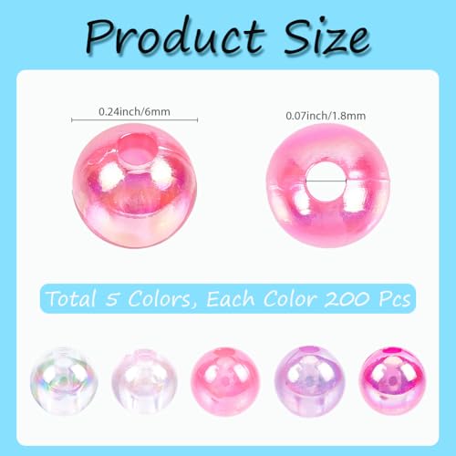 1 Box 5 Colors 1000PCS 6MM AB Color Plated Acrylic Round Beads with Holes Plastic Bubble Assorted Spacer Loose Charms Bead Bulk for Jewelry Making Earrings Bracelets DIY Craft Supplies - color: Pink, size: 1000Pcs 6mm