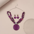 Layered Beads Statement Fashion Necklace Chunky Jewelry Set Big Colorful Glass Stone Circle Shell Pendant Choker Necklace and Earring Set for Women - color: purple
