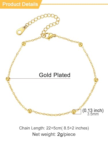 U7 Women Girls Barefoot Jewelry 18K Gold or Rose Gold Stainless Steel Heart/Rope/Figaro/Cuban Chain Anklet Foot Bracelet, 25-30 CM Long - color: Gold Plated-Bead Chain