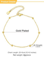 U7 Women Girls Barefoot Jewelry 18K Gold or Rose Gold Stainless Steel Heart/Rope/Figaro/Cuban Chain Anklet Foot Bracelet, 25-30 CM Long - color: Gold Plated-Bead Chain