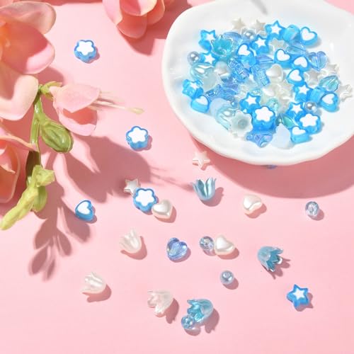 LiQunSweet 430 Pcs 12 Styles Blue White Acrylic Imitation Pearl Flower Star Heart Round Beads for DIY Jewelry Making Gift - color: Blue White Acrylic Beads_12 Styles_430Pcs