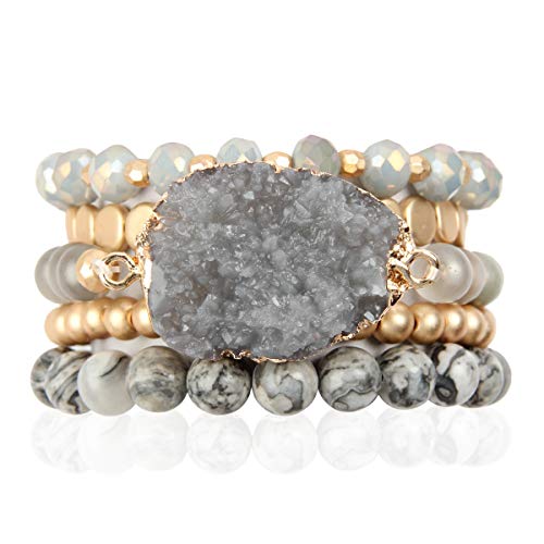 RIAH FASHION Bohemian Acrylic Druzy Multi-Layer Bead Statement Bracelet - Versatile Faux Stone Pendant Stretch Strand Stackable Cuff Bangle Set Sparkly Crystal - color: Acrylic Druzy & Natural Stone Bead Grey Jasper