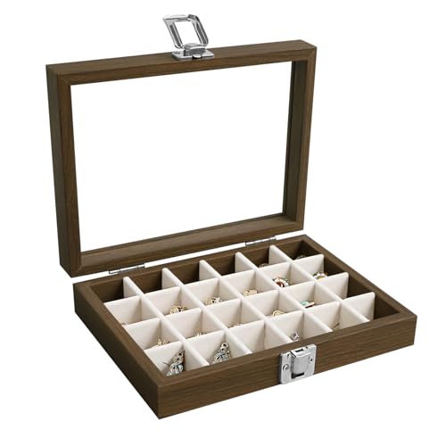 Wudygirl Wood Jewelry Organizer Small Jewelry Box Jewelry Tray with Lid Earring Organizer for Women Velvet Ring Holder Jewelry Storage Display for Drawer Earring Case 24 Grid (Beige) - style: Wood Beige 24 Grid